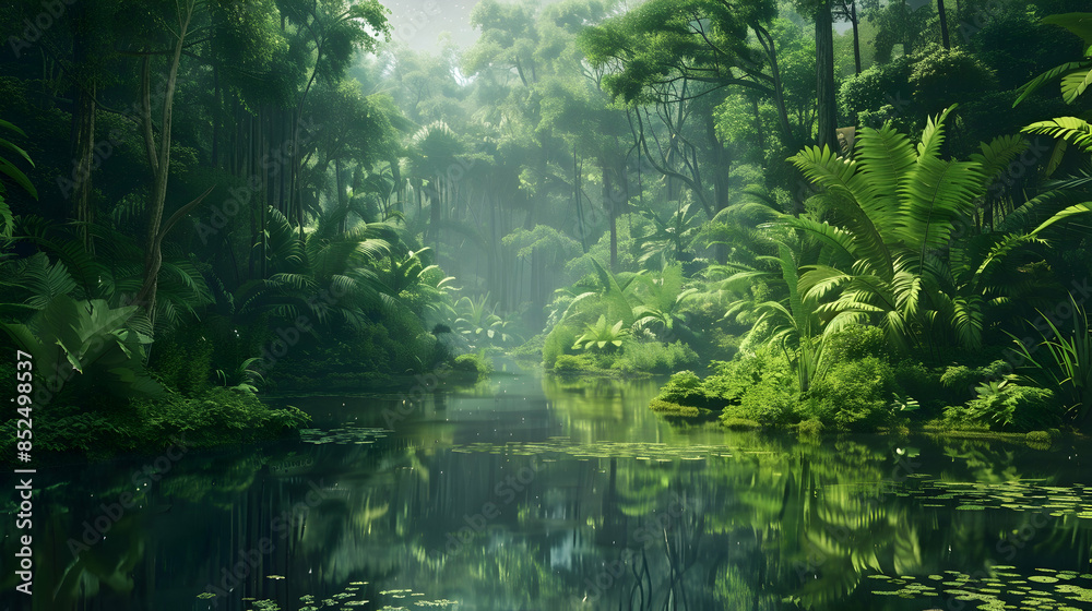 Lush Tropical Rainforest with Tranquil River - 3D Illustration