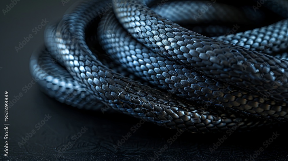 Obraz premium Black cables resembling snake skin, featuring braided wires bundled together against a black backdrop