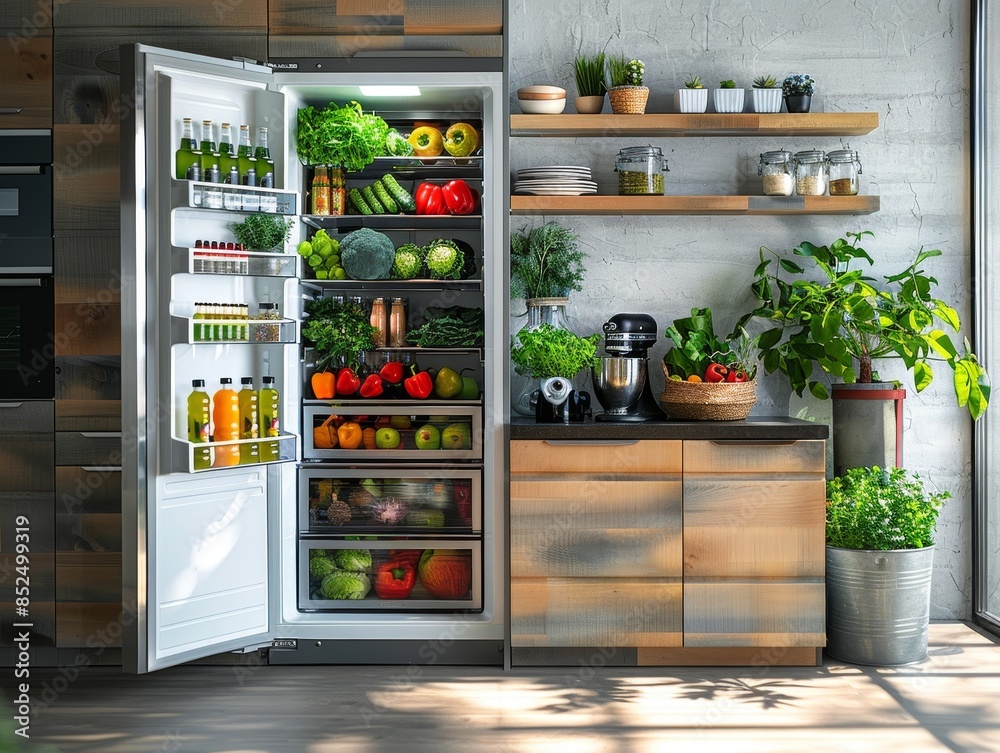冷蔵庫と飲み物や野菜、キッチン。Fridge, drinks, vegetables, and kitchen.Generative AI 冷蔵庫と飲み物や野菜、キッチン。Fridge, drinks, vegetables, and kitchen.Generative AI