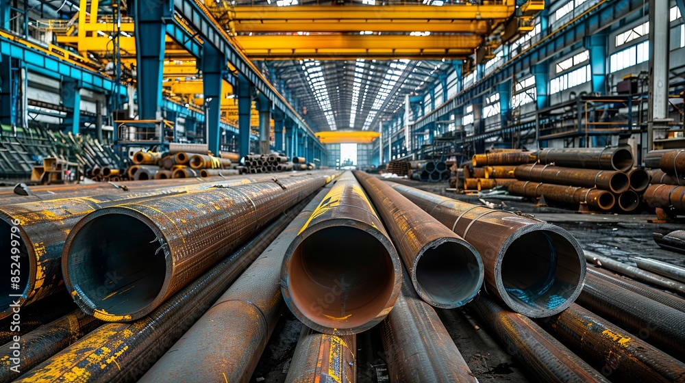 Group of steel pipes for industrial materials, engineering construction products. Factory equipment includes iron tubes and metal stored in an industrial warehouse Group of steel pipes for industrial materials, engineering construction products. Factory equipment includes iron tubes and metal stored in an industrial warehouse