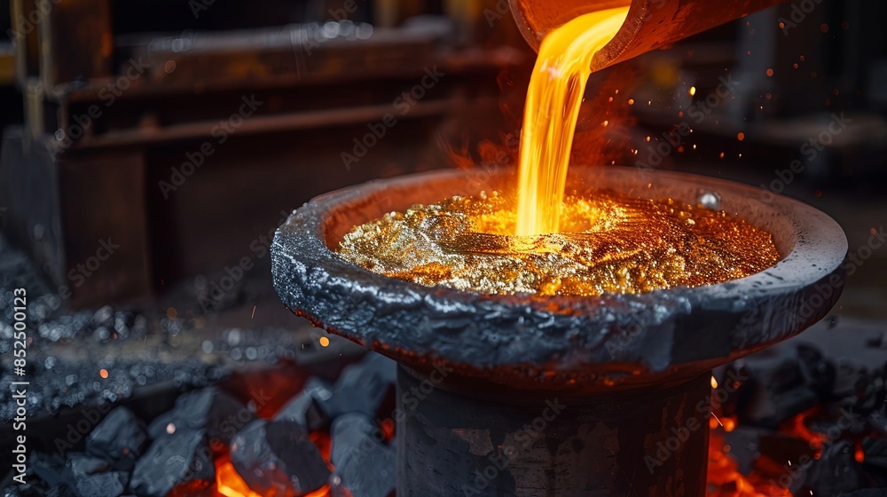 A worker oversees the metal melting process in furnaces at a metallurgical plant, where molten metal is poured into molds A worker oversees the metal melting process in furnaces at a metallurgical plant, where molten metal is poured into molds
