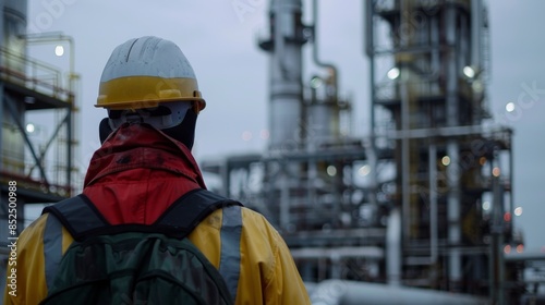 man in a hardhat looking at a refinery