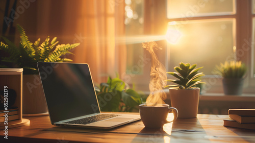 Cozy home office setup with a laptop, potted plants, and a steaming cup of coffee on a wooden desk, bathed in warm morning light photo
