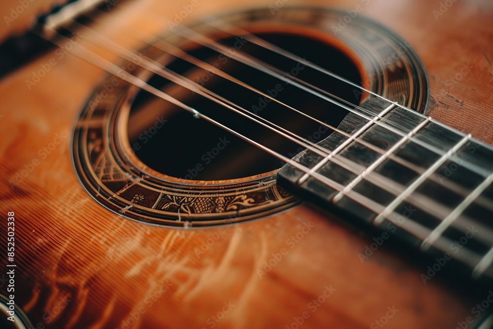Fototapeta premium Classic Acoustic Guitar Displayed on Vintage Table. Music and Instrument concept