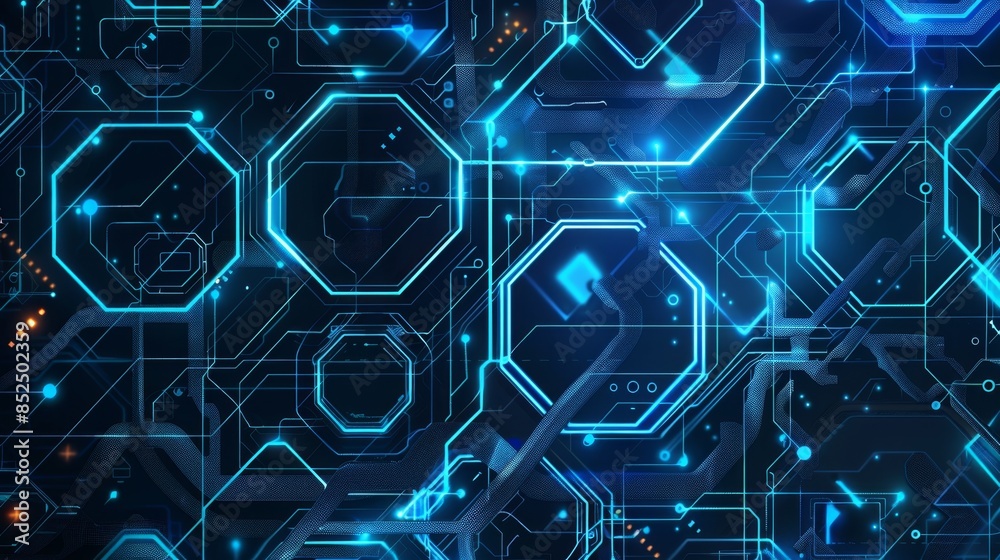 Seamless electronic circuit with hexagons on a dark navy and light cyan background