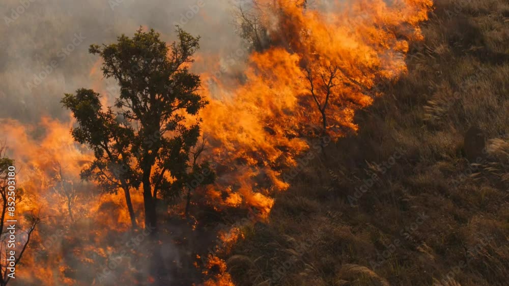 Fire in nature and burning of trees and reeds and escape of animals Fire in nature and burning of trees and reeds and escape of animals