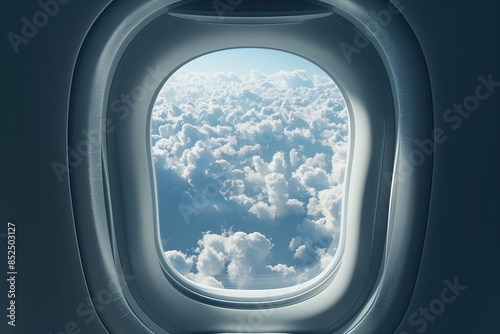 The airplane window view of the sky and clouds