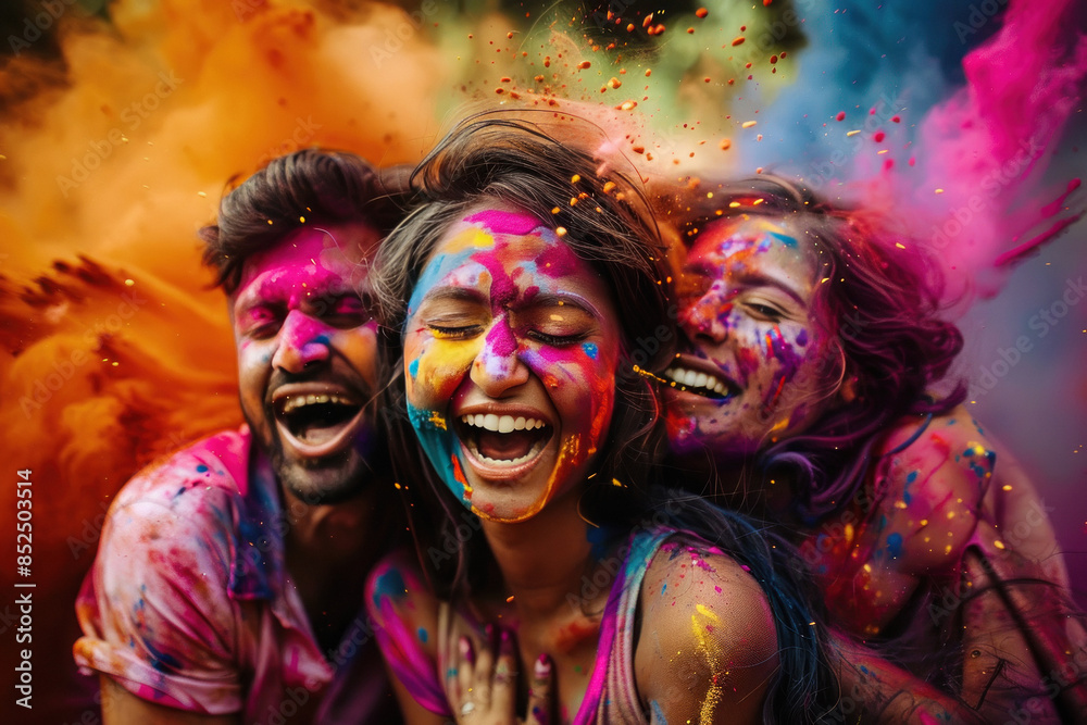 Happy indian couple applying color to each other on face and celebrate holi Happy indian couple applying color to each other on face and celebrate holi