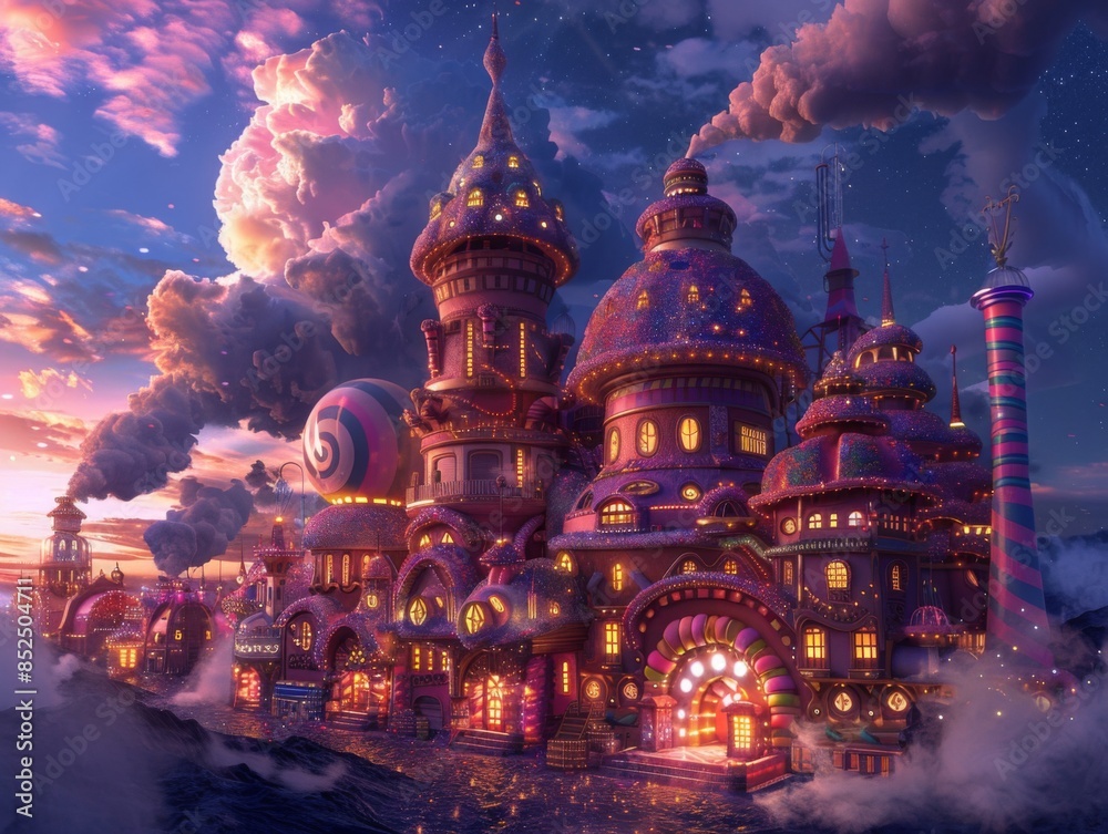 The image is a beautiful fantasy illustration of a city in the clouds The image is a beautiful fantasy illustration of a city in the clouds