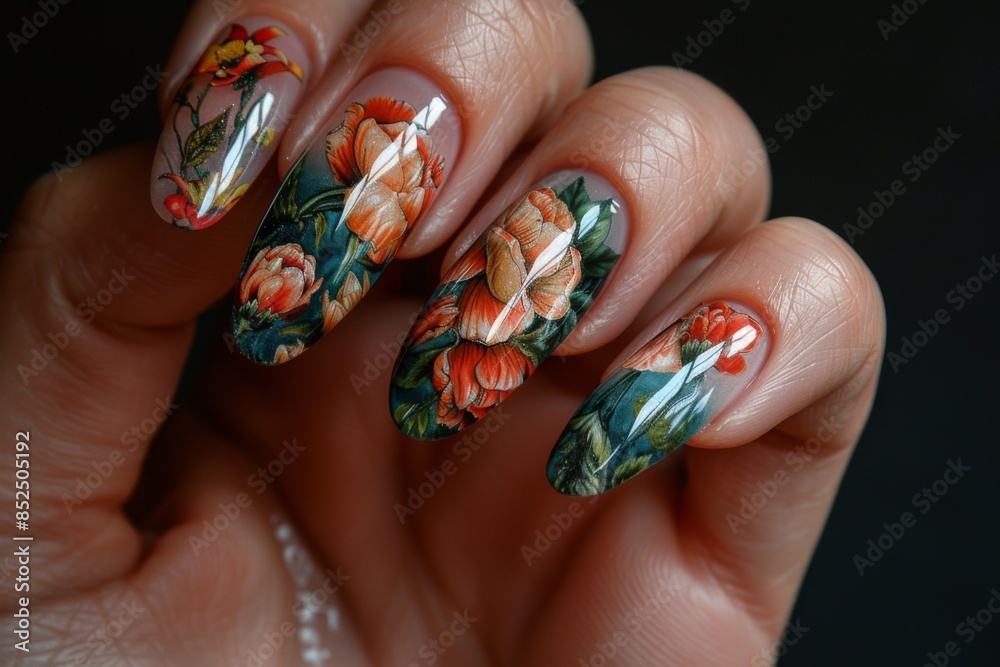 The image shows a hand with a beautiful floral nail art design The image shows a hand with a beautiful floral nail art design