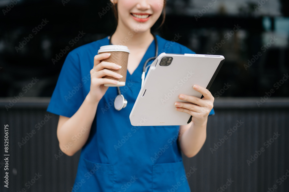 Asian woman part time doctorRepresentation of the daily life of a nurse going to work. Young, confident nurse outside looking away with smile on her face. Asian woman part time doctorRepresentation of the daily life of a nurse going to work. Young, confident nurse outside looking away with smile on her face.