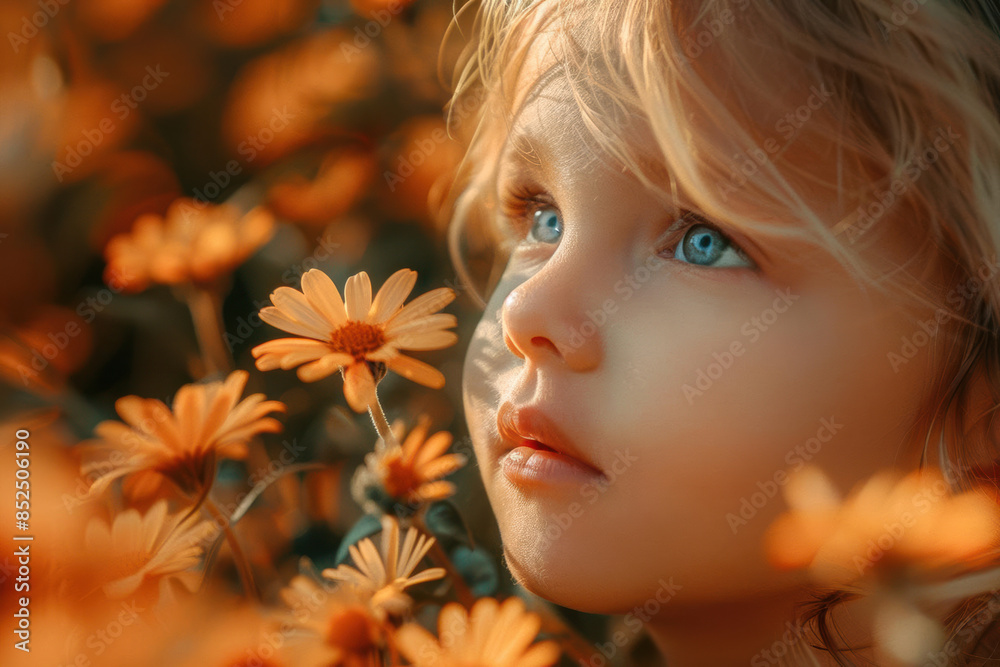 A child discovering a yellow blooming flower in a park, engaging with the signs of spring for the first time A child discovering a yellow blooming flower in a park, engaging with the signs of spring for the first time