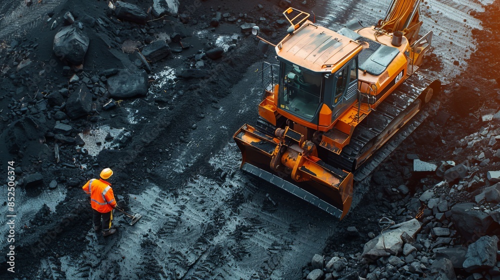 A large yellow bulldozer is working in a coal mine. A large yellow bulldozer is working in a coal mine.