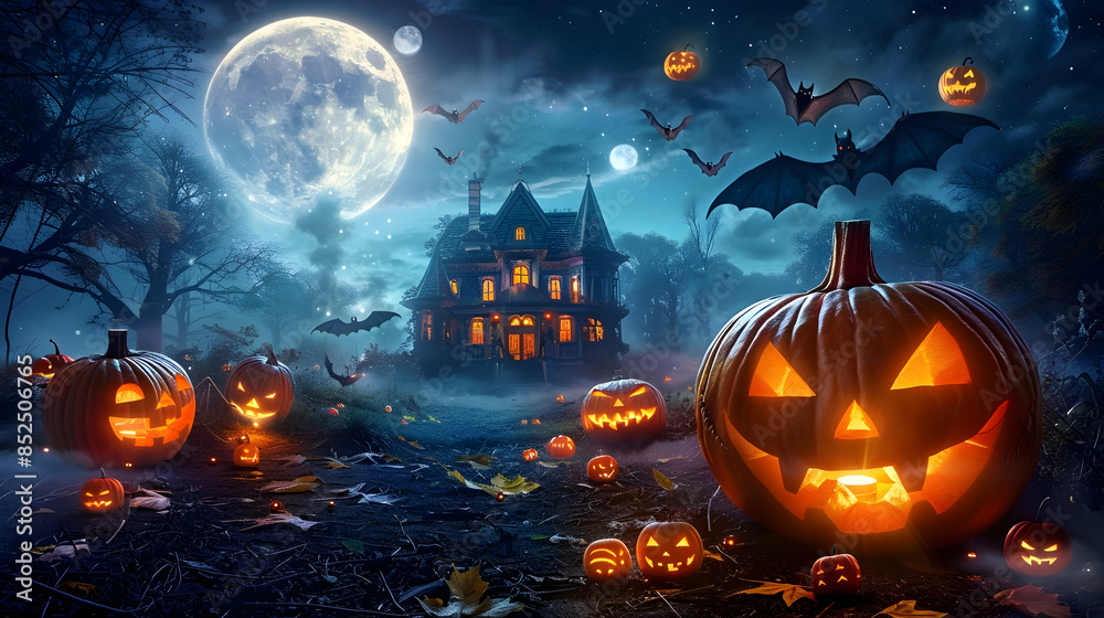 Halloween Spooky Night with Jack-O-Lanterns and Haunted House Illustration Halloween Spooky Night with Jack-O-Lanterns and Haunted House Illustration