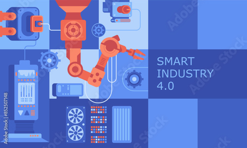 Industry abstract background. Robotic arms and machine tools of automated factory flat color design. Digitization of manufacture with AI technology creative cartoon collage. Vector illustration