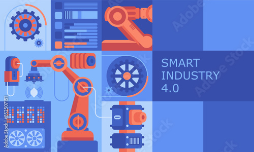 Industry abstract background. Robotic arms and machine tools of automated factory flat color design. Digitization of manufacture with AI technology creative cartoon collage. Vector illustration