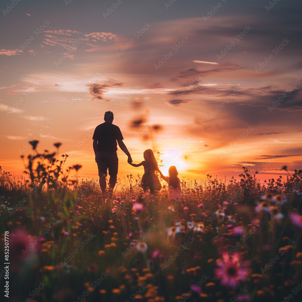 Fototapeta premium Father with daughter and son walk in a meadow at sunset
