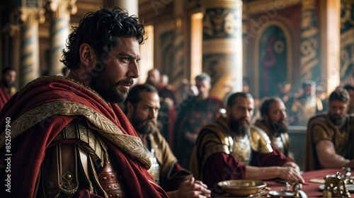 King in medieval attire leading a council meeting at a round table photo