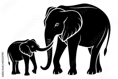 Mom And Baby Elephant silhouette Vector illustration.