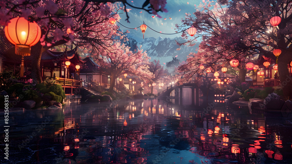 Naklejka premium Digital Painting of a Tranquil Asian Village with Cherry Blossoms and Lanterns
