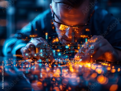 Close-up of a technician working on a circuit board with bright, futuristic lights in a high-tech environment.