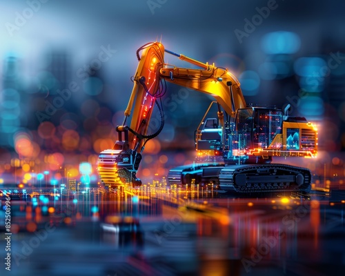 Futuristic AI-controlled excavator working in a digitally enhanced urban environment with vibrant lights and advanced technology. photo