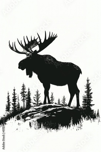 A majestic moose stands at the top of a lush green hillside, surrounded by vegetation