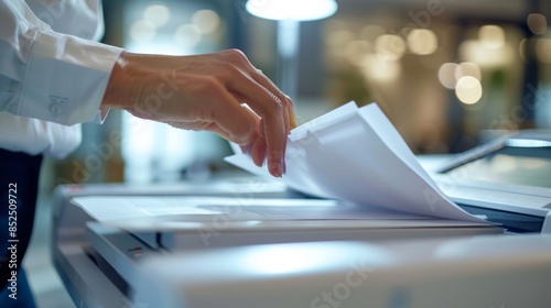 Holding Paper by Printer on Desk