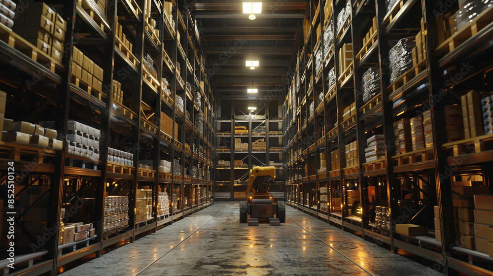 A high-tech warehouse with two yellow forklifts moves between tall racking systems A high-tech warehouse with two yellow forklifts moves between tall racking systems