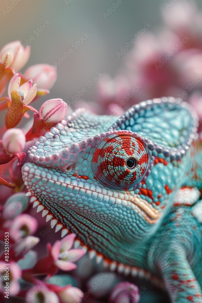 Obraz premium A close-up shot of a chameleon sitting on a leaf, showcasing its vibrant colors and intricate patterns
