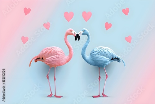 Two pink and blue flamingos stand facing each other with their beaks touching. There are pink hearts around them. The background is a gradient of pink and blue.