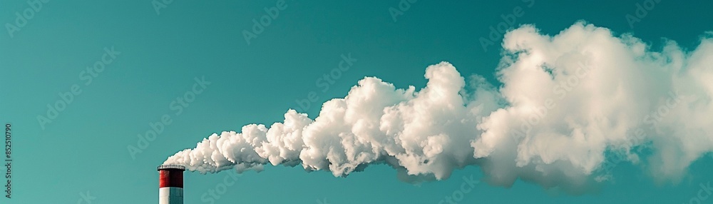 Fototapeta premium A closeup of an industrial chimney releasing a massive cloud of smoke, with the smoke spreading out against a bright blue sky, reflecting the environmental implications of factory emissions high-resol