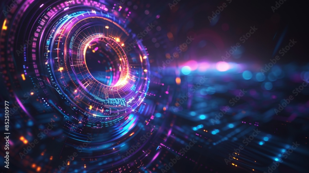 Obraz premium Abstract cyberpunk background with vibrant glowing circle, violet and cerulean hues