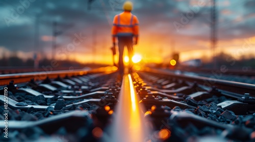 Railway worker in protective gear walking on tracks at sunset, epitomizing dedication, safety, and the beauty of industrial landscapes. photo