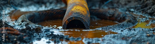 A sewage vacuum truck hose in operation, shown closeup as it arches into a manhole, with a weathered reel in the background, emphasizing the setup for home sewerage tank cleaning 8K , high-resolution, photo