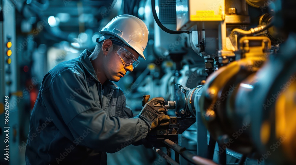 Adult electrical engineer inspect the electrical systems at the equipment control cabinet. Installation of modern electrical station