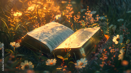 Open bible surrounded by flowers, soft light. photo