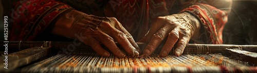 An artisan s hands weaving intricate patterns on a richly hued fabric using a wooden loom, with the workspace bathed in soft light, emphasizing the fine details and traditional craftsmanship 8K , high
