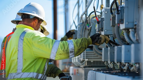 Adult electrical engineer inspect the electrical systems at the equipment control cabinet. Installation of modern electrical station