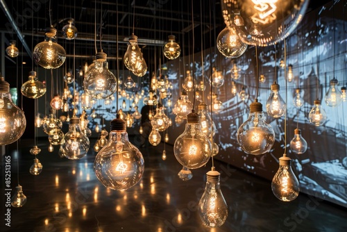 An art installation featuring numerous light bulbs suspended from the ceiling in a gallery setting. The bulbs cast a warm glow, illuminating the space and creating a sense of wonder