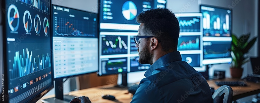 Fototapeta premium SEO analyst in a hightech workspace, multiple screens displaying analytics, bright white lighting, Techsavvy, Digital painting