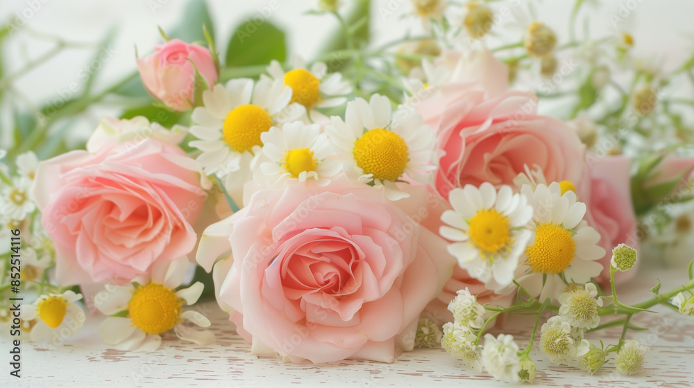 ピンクの薔薇とカモミール ピンクの薔薇とカモミール