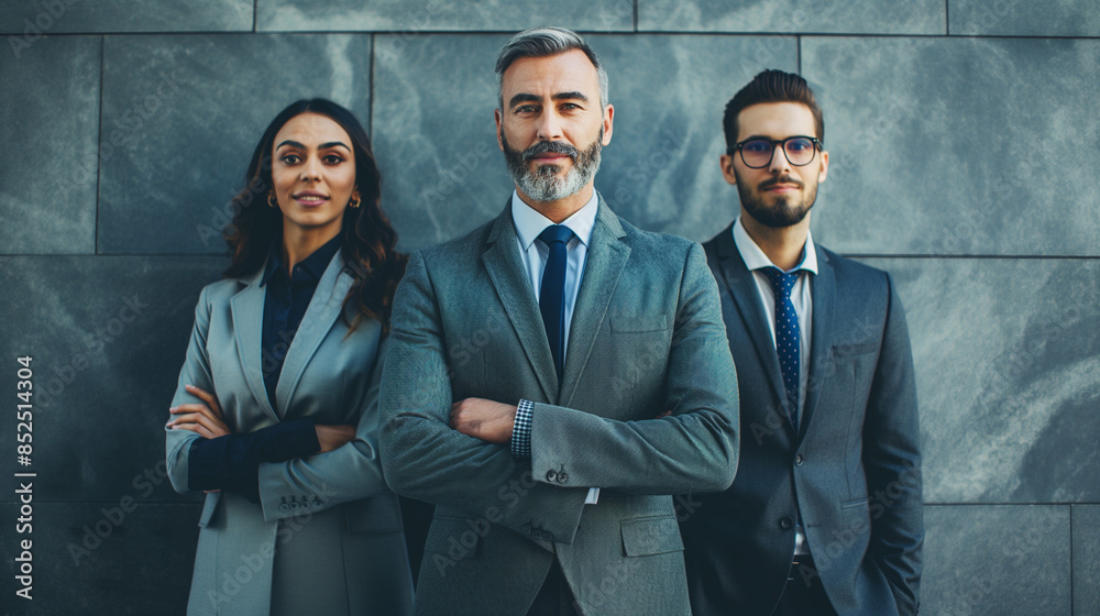 Geschäftspartner Portrait Geschäftsleute Mann und Frau im Team mit Mitarbeitern Generative AI Geschäftspartner Portrait Geschäftsleute Mann und Frau im Team mit Mitarbeitern Generative AI