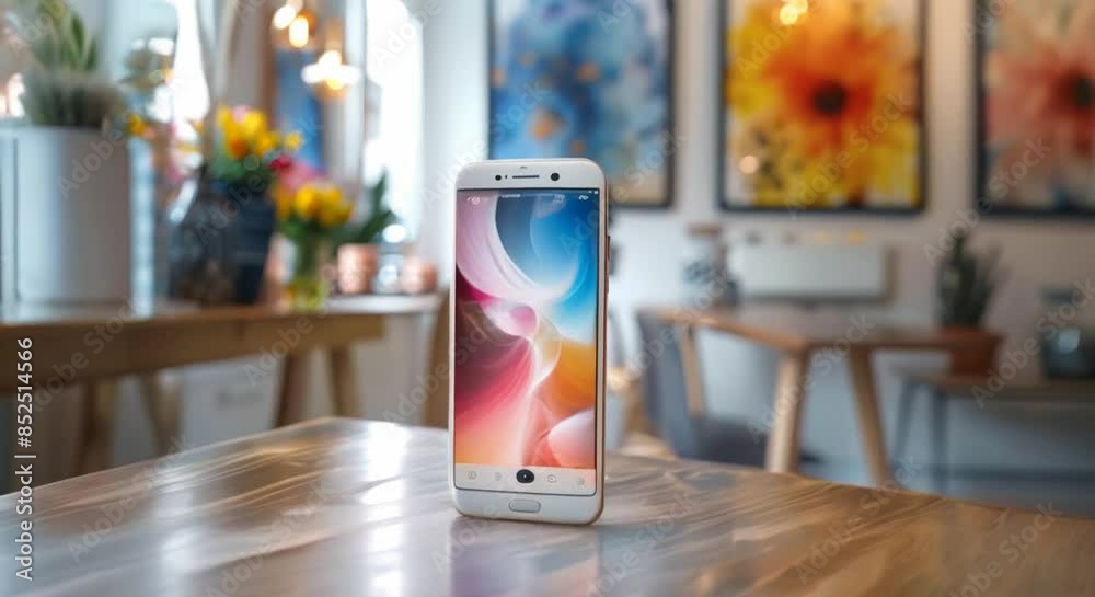 White minimalist table with a smartphone showing a perfect review score, abstract art on the wall White minimalist table with a smartphone showing a perfect review score, abstract art on the wall