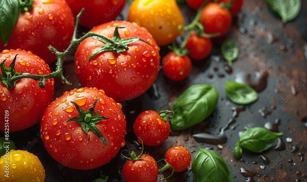 Flat lay of various colorful tomatoes and basil with spices on black stone background Flat lay of various colorful tomatoes and basil with spices on black stone background