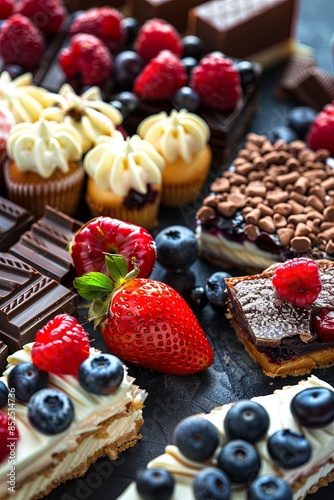 assortment of desserts with fresh berries, fruits and chocolate, close-up. 