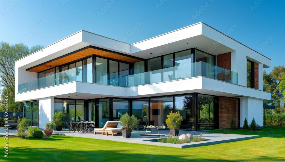 modern white house with large windows and terrace. luxury modern family home exterior design
