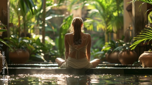 Mature woman in a serene spa garden, surrounded by tropical plants