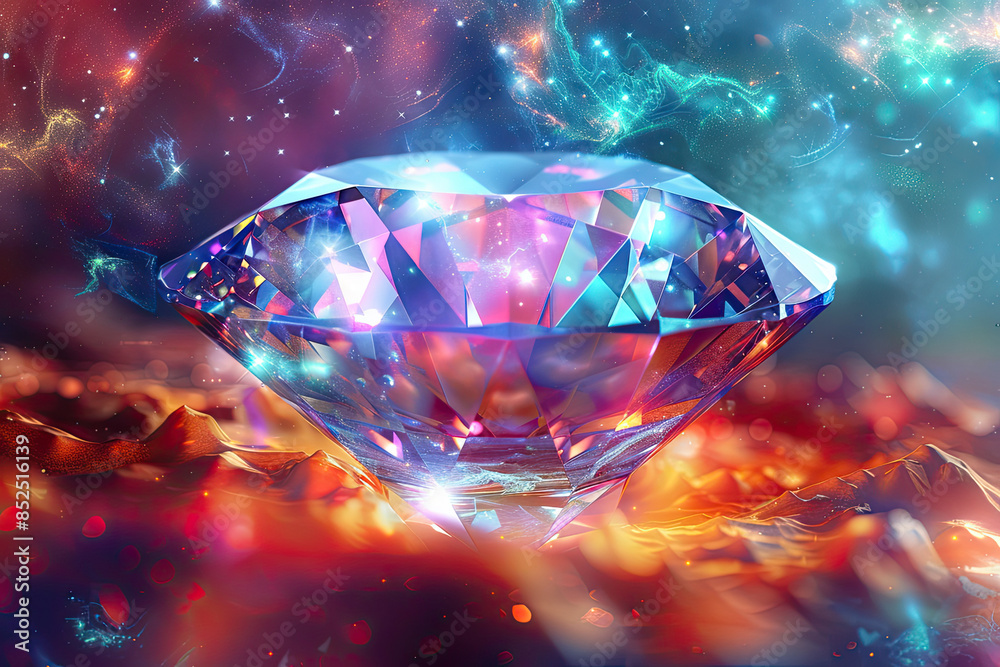 close up view of a sparkling diamond, beautiful colorful magical fantasy gem