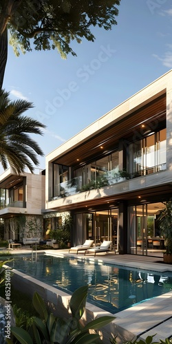 A modern villa with a swimming pool and a beautiful garden © Du
